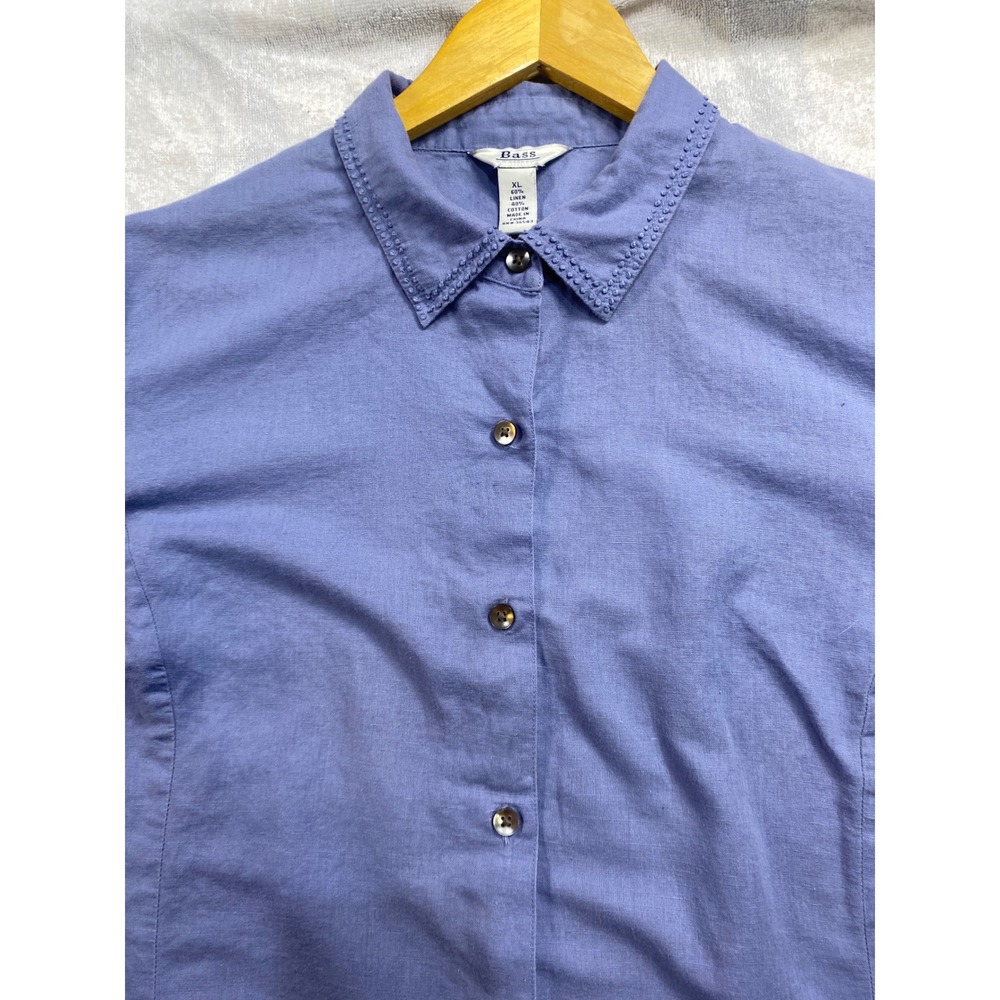 Bass Womens XL Blue Linen Cotton 3/4 Sleeve Button Down Shirt Embroidered Collar - Picture 6 of 10